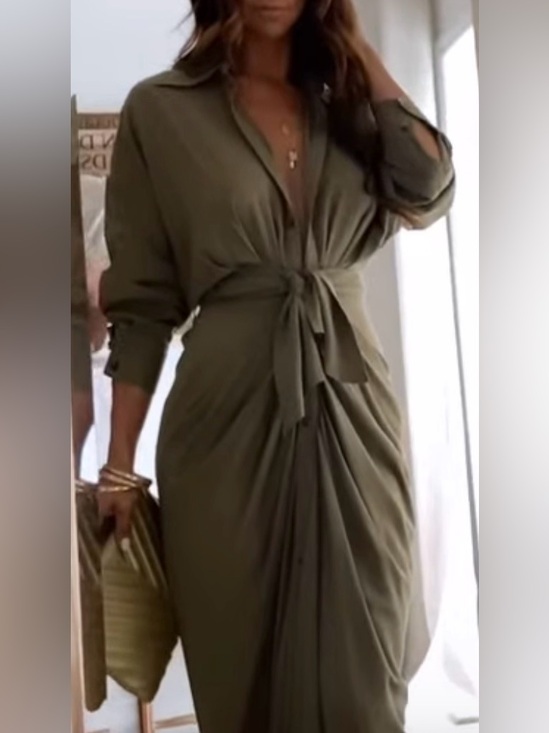Mable Dresses & Skirts - Ruched Satin Olive Midi  Dress with Button Front & wrap sash belt - size L 8/10